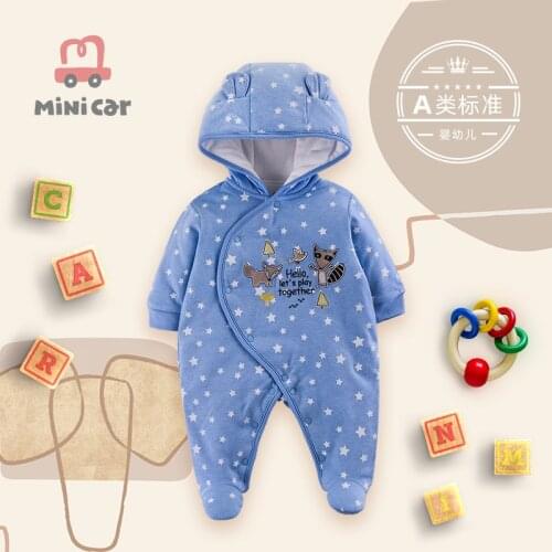 Babys one-piece Romper baby winter extra thick cotton clip one-piece suit with hat for warm outdoor clothes