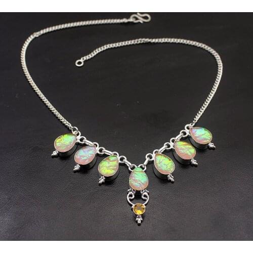 Elegant Cute Dichroic Glass Citrinee Silver Color Women Necklace Chain 17 Inch HD21