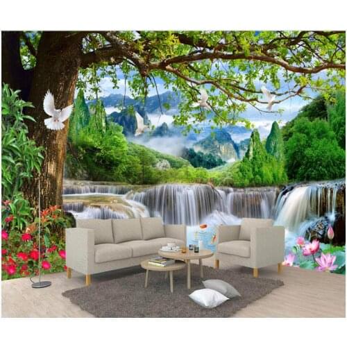 Custom photo 3d wallpaper Green big tree forest waterfall landscape room home decor 3d wall murals wallpaper for walls 3 d