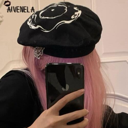 Harajuku Gothic Berets Hat Punk Rock Printed Hot Girls Female Streetwear Boina Hats AFC1252