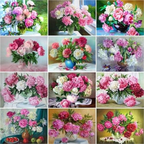 Huacan 5D Diamond Painting Vase Of Flowers Home Art Diamond Embroidery Peony Mosaic Wall Decoration Handcraft