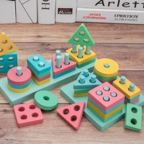 Montessori Toys Educational wooden shape matched with pillar puzzle Exercise Hands-on ability Geometric Shapes Matching toy