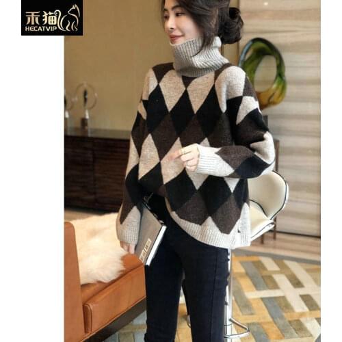 Imitation woolen sweater 2020 winter new contrast color diamond sweater turtleneck knit bottoming shirt