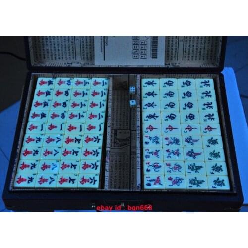 Chinese Wood Leather Dragon Phoenix Box With Chinese Mahjong Bronze Lock