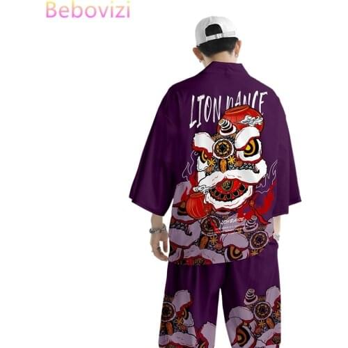 Plus Size XS-6XL Purple China Harajuku Japanese Style Sets Fashion Kimono Men Women Cardigan Haori Obi Asian Clothes Pants Suit