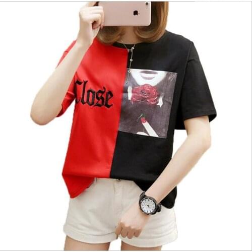 Fashion Streetwear New Women Shirts 2018New Summer Cotton Printed Letter Tops Patchwork Female T-Shirts Plus Size 5XL ShirtsQ039