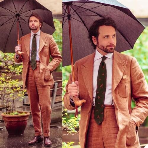 Summer England Style Men Tuxedos High Quality Liene Peaked Lapel Loose Blazer Suits 2 Pieces Set Casual Daily Streetwear Coat