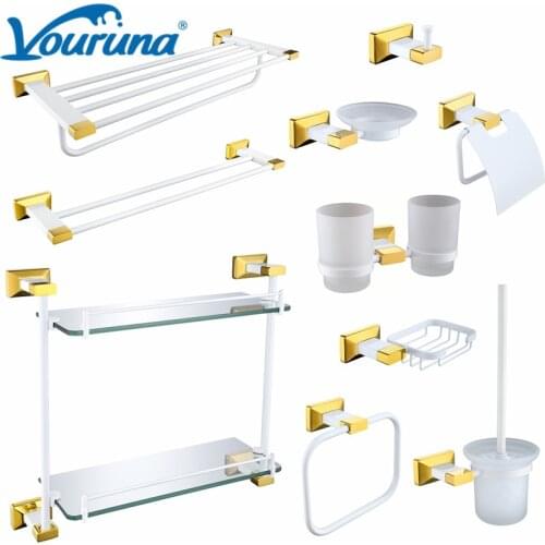 VOURUNA Golden&White Bath Hardware Set 304SUS Stainless Steel Bathroom Accessory Kit Toilet Paper Holder Towel Rail Basket