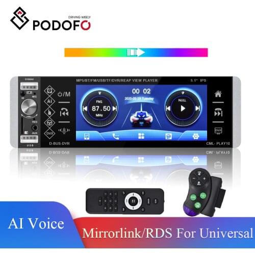 Podofo 1Din MP5 Player Touch Radio Bidirectional Interconnection RDS AM FM 4-USB 5.1" Universal Support Mirrorlink Bluetooth