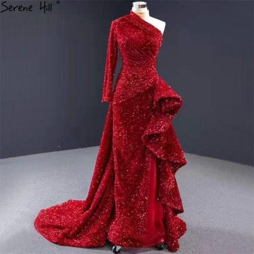 Dubai Luxury One Shoulder Red Prom Dresses 2019 Sequined Sparkle Mermaid Sexy Fromal Dress Serene Hill DHM67056
