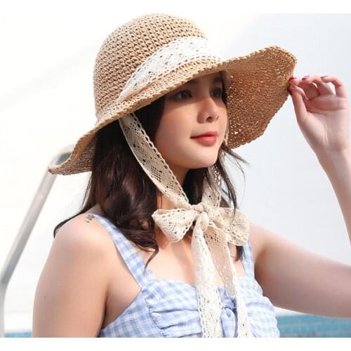 Wide Brim Straw Hat For Women Foldable Crochet Knit Straw Lace Tie Large Brim Hat Sun Protection Sunhat Ladies Beach Hats