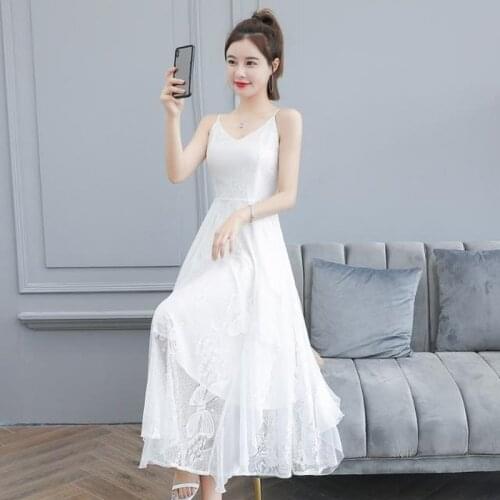 Floral Embroidery Party White Dress Sleeveless Mesh Embroidered Beach Dress Korean Sweet High Waist Long Dresses Vestidos Y836