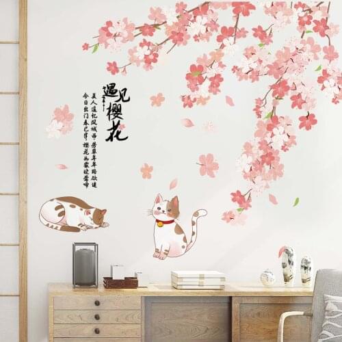 Cherry Blossoms Flowers Wall Stickers Bedroom Girls Room Decor Aesthetic Japanese Decoration Self Adhesive Wallpaper Home Decor