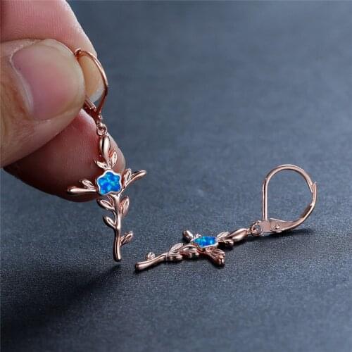 Rose Gold Silver Color Drop Earrings Classic Cross Branches Leaf Earrings White Blue Opal Stone Dangle Earring For Women Jewelry