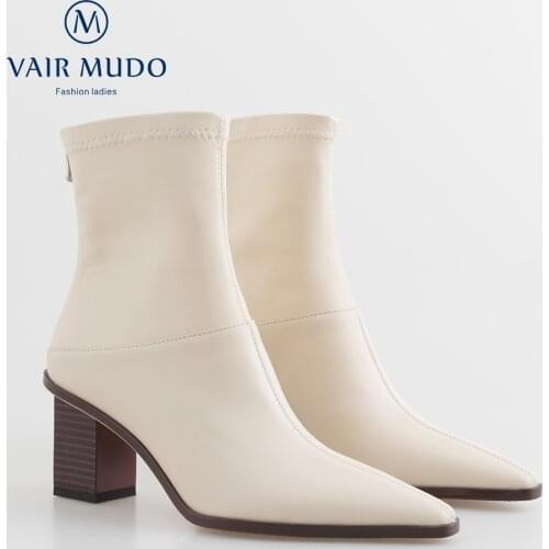 VAIR MUDO Ankle Boots Women Shoes Thick Heel Autumn Winter High Heels Cool Elegant Cow Leather Ankle Boots Shoes Women DX59L