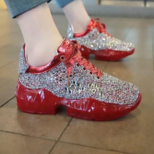 2021 Bling Crystal Shoes Woman Flats Lace-up Red Sequined Leather Breathable Female Transparent Chunky Sneakers Ladies Shoes