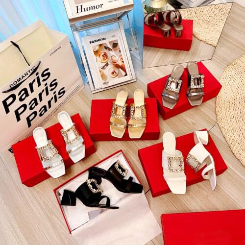 New Summer Sllippers Square Toe Women Slippers Square Strap Women Shoes Rhinestones Genuine Leather Hot Shoes Woman High Heels