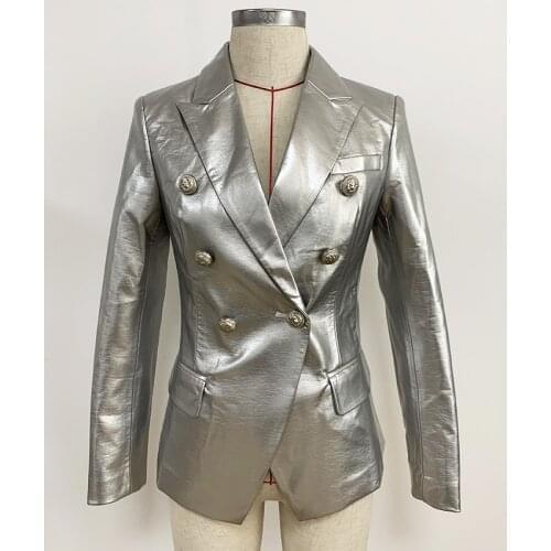 HIGH STREET Newest 2021 Designer Stylish Runway Womens Fashion Lion Buttons Silver Leather Blazer Jacket