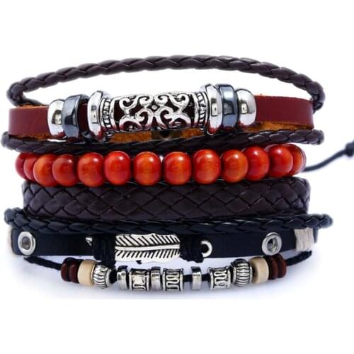 4 Pcs Retro Punk Men Beads Faux Leather Braid Multi Layers Adjustable Bracelets