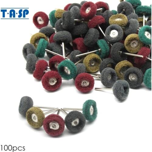 TASP 100pcs Abrasive Polishing Wheel Nylon Scouring Pad Metal Polish 3.2mm Shank Buffing Set for Dremel Rotary Tool Accessories