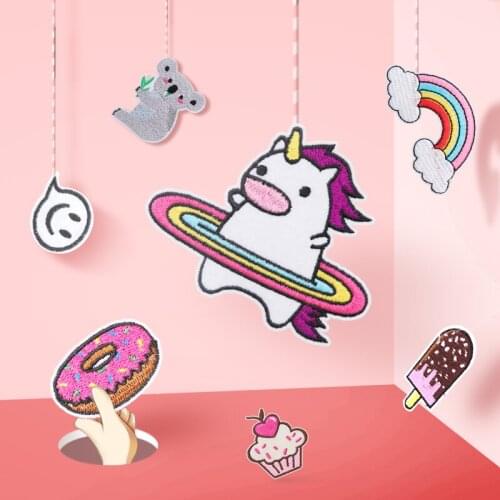 DIY Embroidered Patches for Clothing Iron on Patch Cartoon Rainbow Applique Badge Donuts Cute Parches Garment Accessory Washable