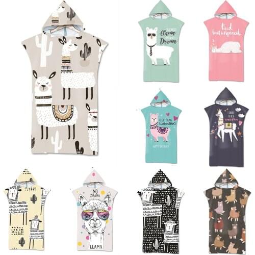 Outdooor Microfiber Quick Drying Bath Towel Hooded Printed Alpaca Surf Poncho Changing Robe Bathrobe Cloak Towel Soft Beachwear
