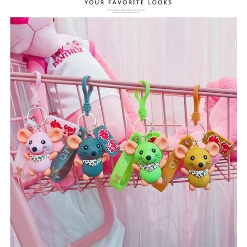 Cartoon 4 Colors Leopard scarf Mouse Keychain PVC Mice Animal Keyring Waistband Key Chain Women Bag Charms Key Ring Chains