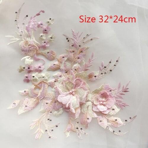 Pink yellow three-dimensional flower bead hot drilling lace flower embroidered patch DIY wedding dress accessories