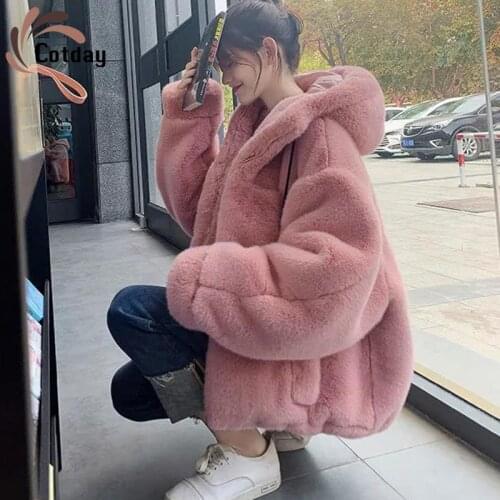 Cotday Loose Thick Office Lady 2021 Women Autumn Winter Faux Fur Coat Female Rabbit Fur Hooded Plush Coat Warm Fur Womens Coat