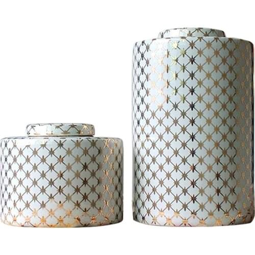 Jingdezhen Ceramic storage pot Gold Tracing Grid Stripe With Cover porcelain jar vase for home and hotel