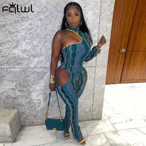 FQLWL Blue Striped Print Rompers Womens Jumpsuit Summer Sexy Hollow Out One Shoulder Long Sleeve Club Party Bodycon Jumpsuits