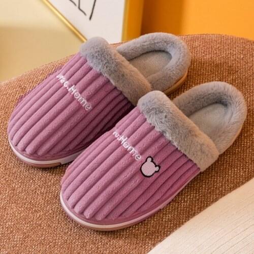 Cotton Home Slippers Women Winter Warm House Shoes Men Striped Non-slip Indoor Slides Bedroom Plush Slipper Female Couple Shoes