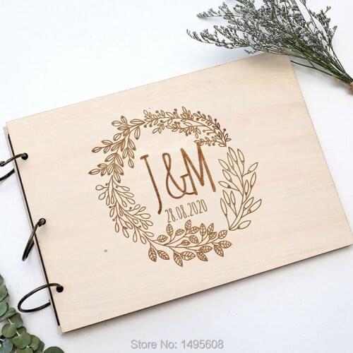 Personalized GuestBook wreath, garden wedding Engraved Wooden Guest Book, floral wedding decor