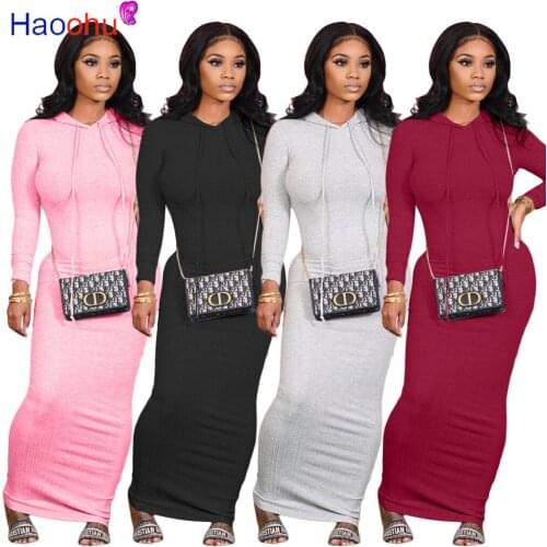 HAOOHU Classic Long Sleeve Hooded Skinny Dress Women Casual Solid Elasitc Waist Slim Maxi Dress Autumn Club Party Robe Femme