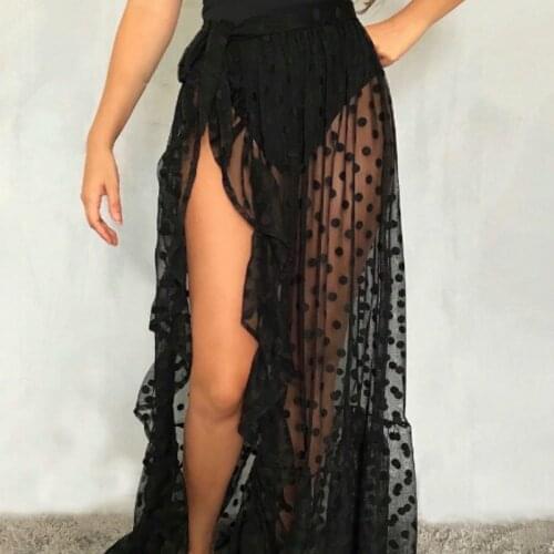Hot Summer Women Mesh Sheer Bikini Cover Ups Sexy Beach Wraps Skirts Cover Up Polka Dot Split Ruffle Bathing Beachwear Swimsuits
