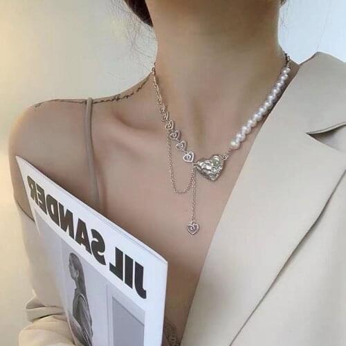 Fashion Punk Gold Cuban Link Chain Necklace Pearl Heart Tassel Pendant Choker Necklaces For Women Wedding Gift