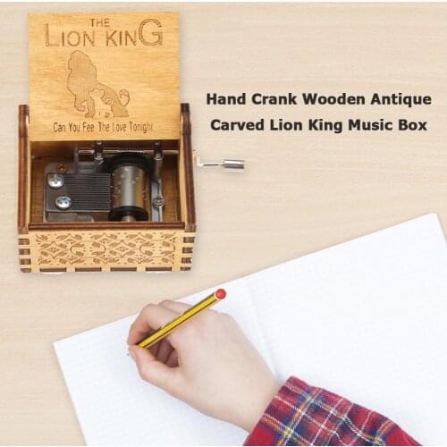 Antique Carved Lion King Music Box Hand Cranked Wooden Musical Christmas Birthday Gift Home Decoration