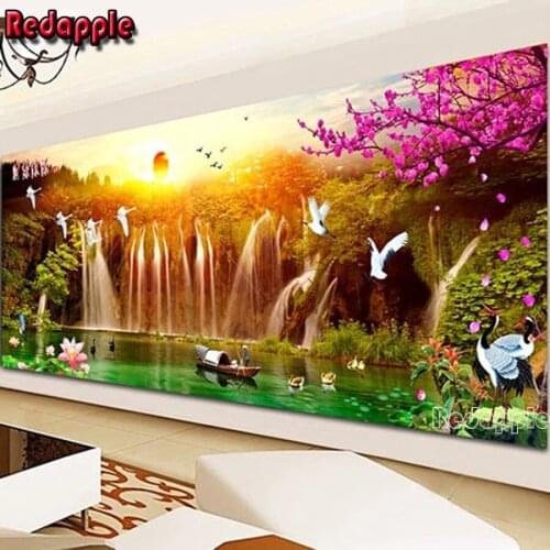 DIY cross stitch full diamond embroidery kits,sunset birds lake waterfall plot landscape large size diamond painting full drill