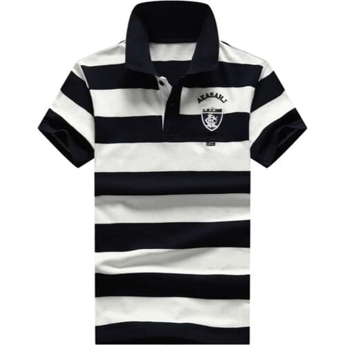 New mens Lapel black and white stripe chest logo embroidered short sleeve t-shirt mens casual comfortable loose T-shirt