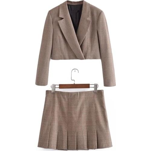 Za 2021 Cropped Brown Set Female Suit Skirt Blazer Woman Two Pieces Set Office High Waist Pleated Women Skirt Blazer Suit Set