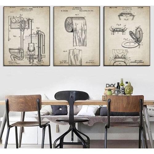 Retro Poster Bathroom Ware Patent Flush Toilet Paper Toilet Lid Patent Vintage Wall Art Canvas Painting Washingroom Decor Pairs