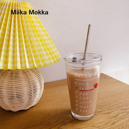 Glass Cup Ins Wind Straw Cup Korean Girl Heart Home High-value Cartoon Printing Milk Cup Large-capacity Cup