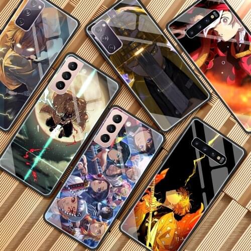Glass Case For Samsung Galaxy S20 FE S21 Ultra S10 Plus Note 20 10 Lite Luxury Tempering Phone Cover Demon Slayer Kimetsu No
