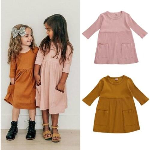 Auutumn Spring Baby Girls Ribbed Knitted Dress Solid Color Three Quarter Sleeve O Neck Princess Dresses Warm Clothes