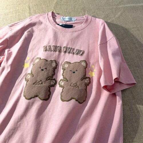 Korean Style T shirts Women Cute Print Short Sleeve Round Neck T shirt Women Cotton Spandex Tshirt Femme