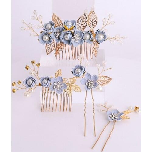 Girls Hanfu Hair Decor Cosplay Accessories Flower Hair Stick Hair Comb Set Blue Handmade Hairpin Stage Play Prop for Kid Gift