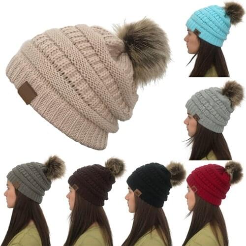 Womens Winter Knit Slouchy Beanie Hat Warm Skull Ski Cap Faux Fur Pom Pom Hats for Women