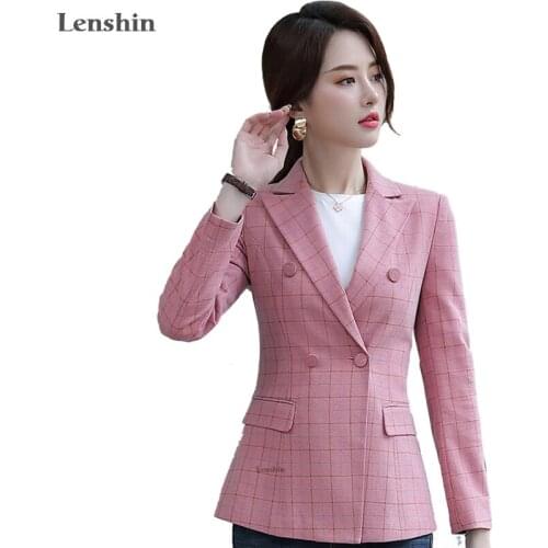 Lenshin Soft and Comfortable Pink Plaid Jacket with Pocket Office Lady Casual Style Blazer Women Wear Double-breasted Coat