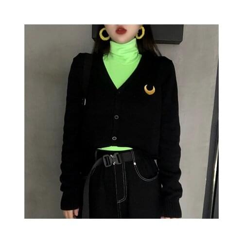 Fashion Autumn Streetwear Vintage Gothic Punk Style Black Moon Print Long Sleeve Cardigan V-neck Women Knit Single Breasted Coat