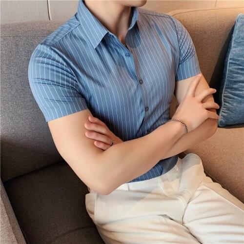 2021 New Men stripe short sleeve shirts/Male High quality lapel pure cotton stripe Business shirts/Dress shirt Plus size S-3XL